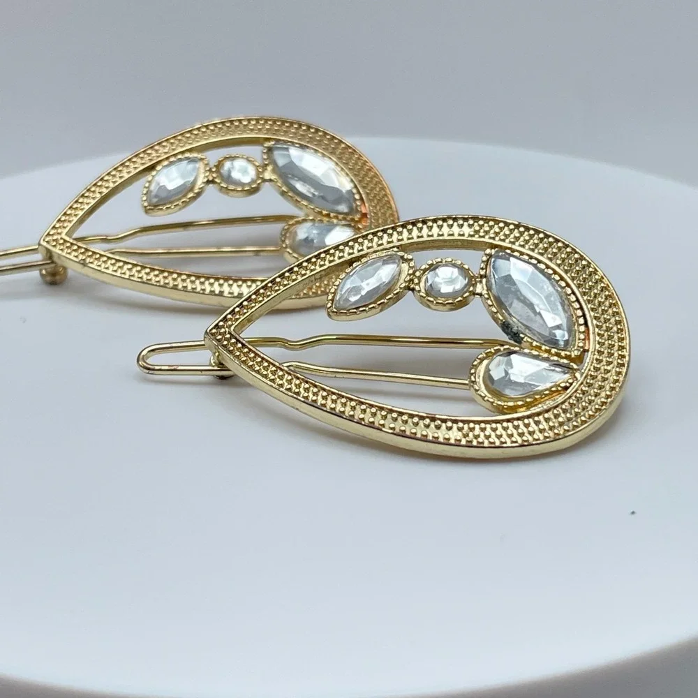 Vintage 80s Teardrop Hair Clips Set Gold & Silver Tone Rhinestone Bobby Pins Y2K